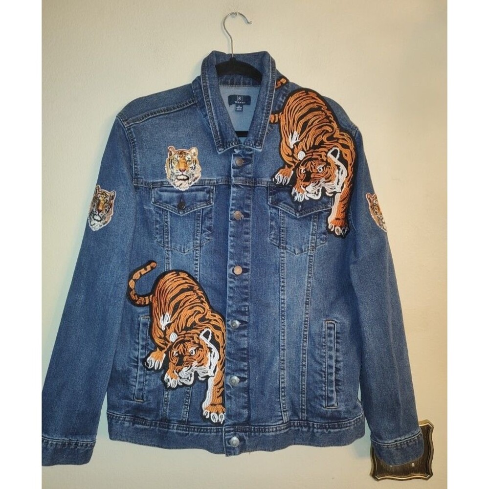 Rare George Men's Blue Denim Jean Jacket Big Tigers Patches Sz XL Pit to pit 22"
